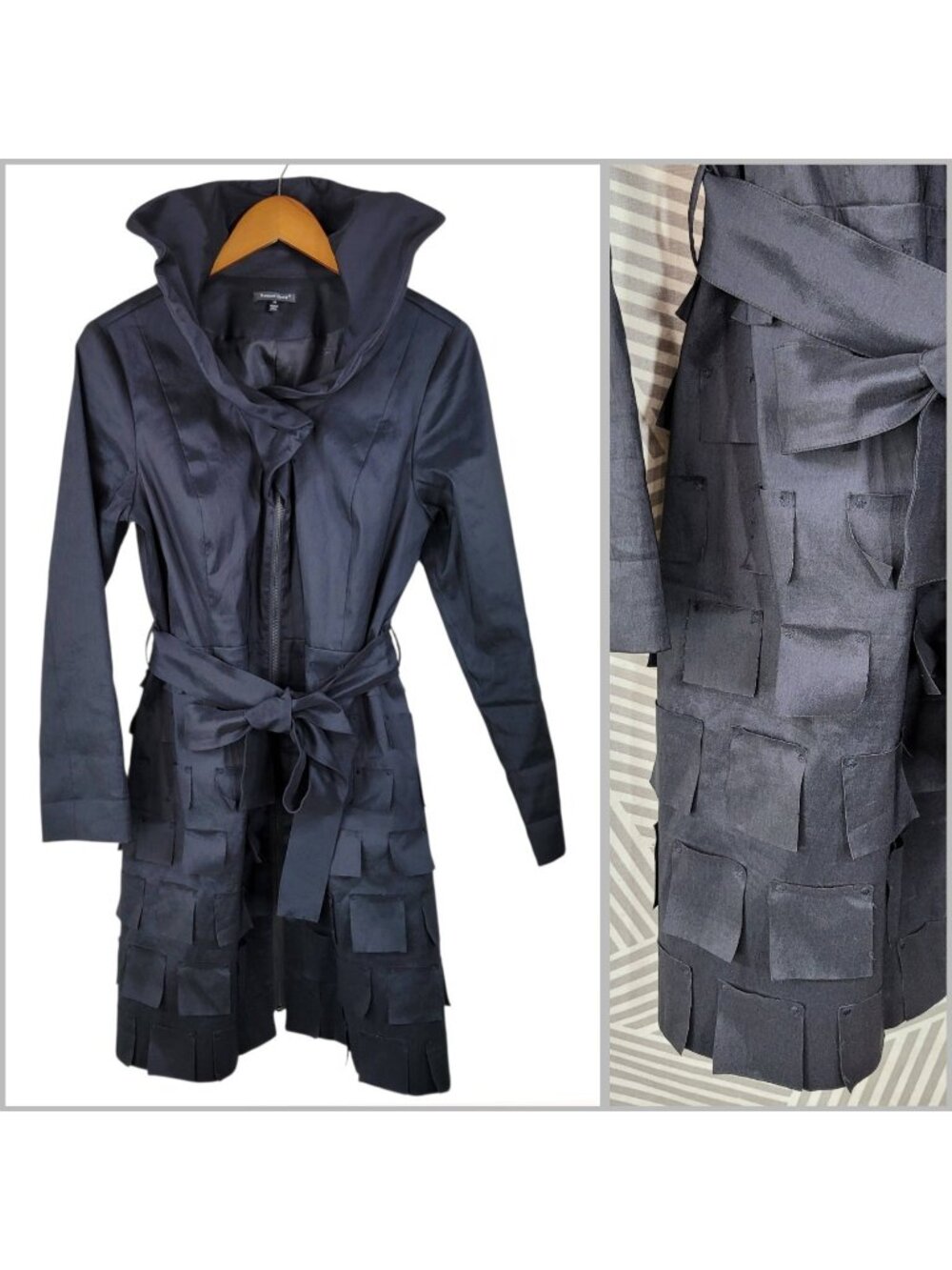 Samuel Dong Black Belted Coat Medium Jacket Formal Event Art Patchwork Black